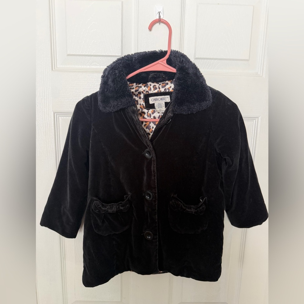 Cherokee Dress Coat Black Velvet Faux Fur Collar Leopard Lining Med Weight